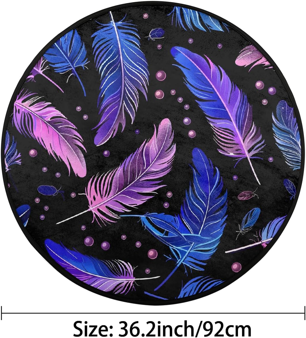 3 Ft Round Area Rug Purple Abstract Feather Small Washable Non-Slip Circle Mat Absorbent Floor Carpet Indoor Ntryway Circular Rug for Kitchen Living Room Bedroom Kids Nursery Sofa Decor