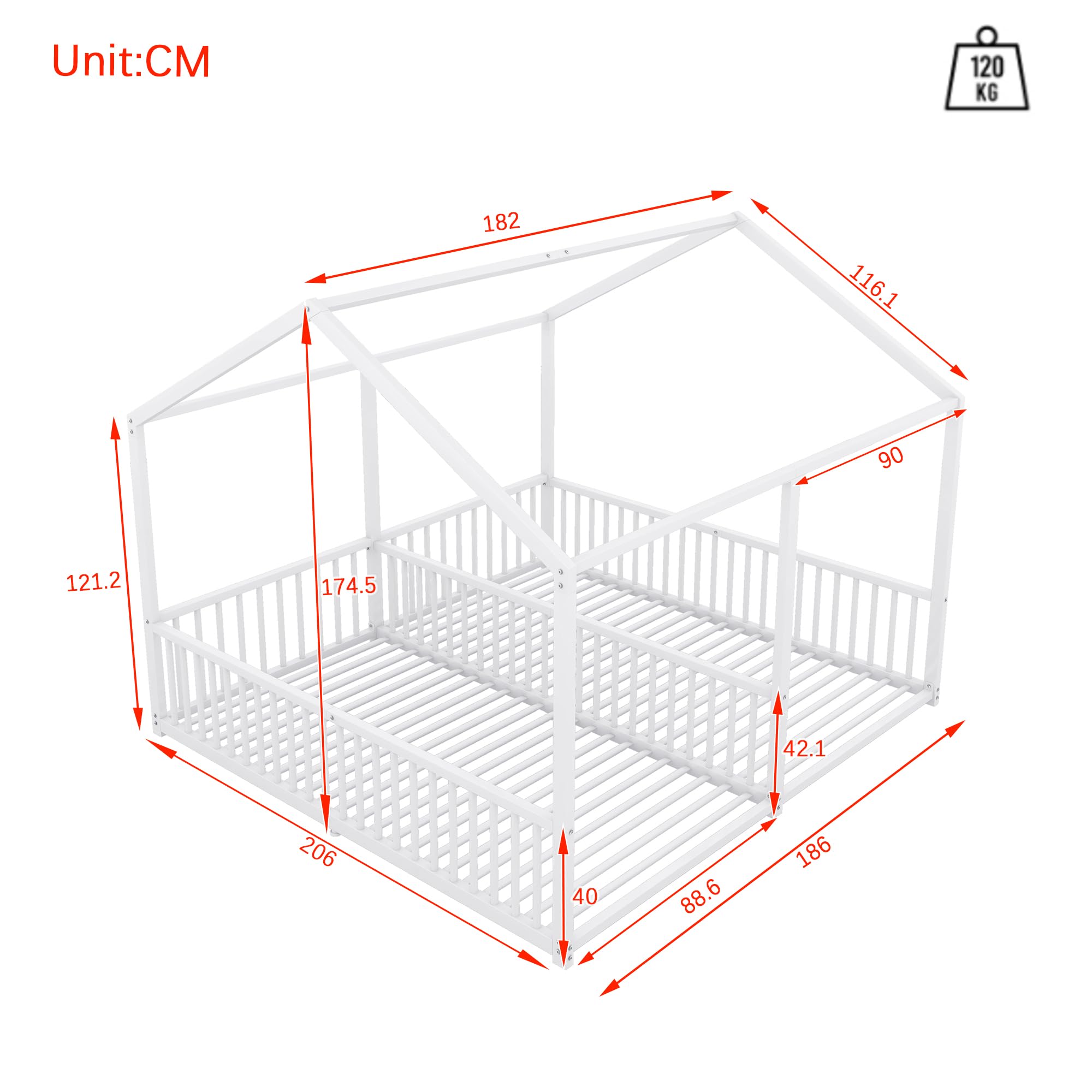 Letto per bambini 90 x 200 cm Due letti da 90 cm con protezione anticaduta, Letto a casa Letto a pavimento Letto gemellare con design a forma di casa, Letto per bambini Telaio in ferro