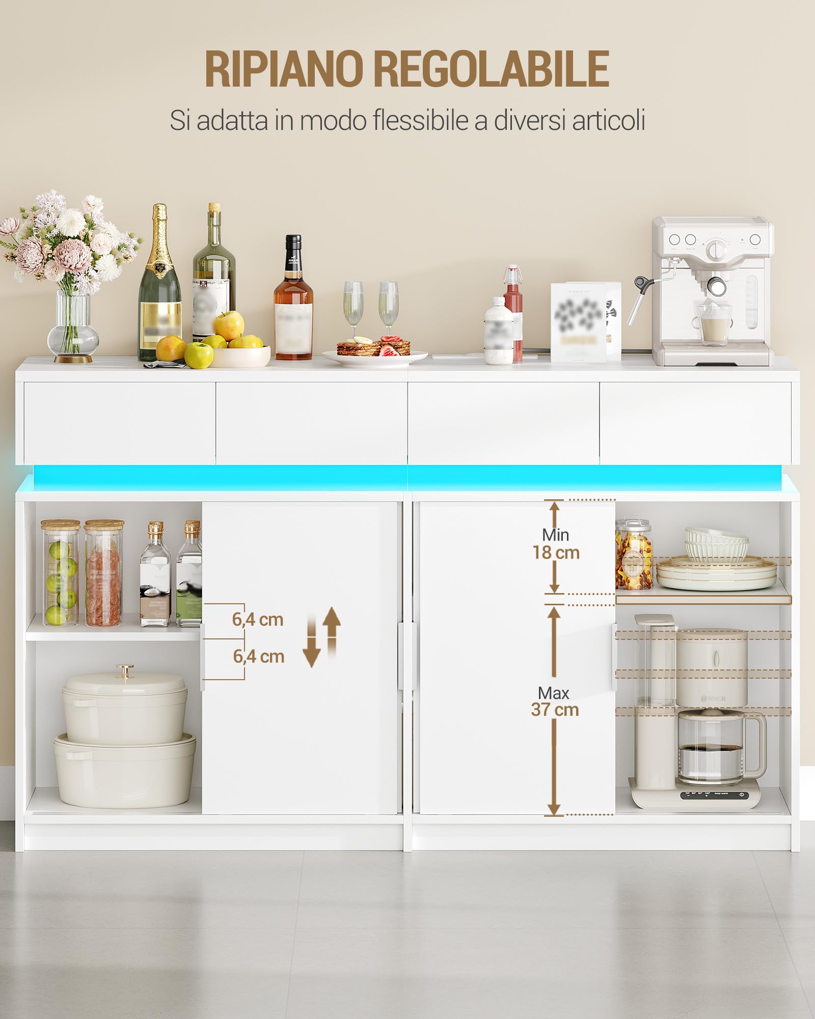 Hzuaneri Credenza Cucina, Mobile Cucina con 4 Cassetti, 4 Ante Scorrevoli, Presa Elettrica e Illuminazione a LED, Ripiani Regolabili, stile Moderno, per Cucina, Soggiorno, 40 x 140 x 85 cm, Bianco