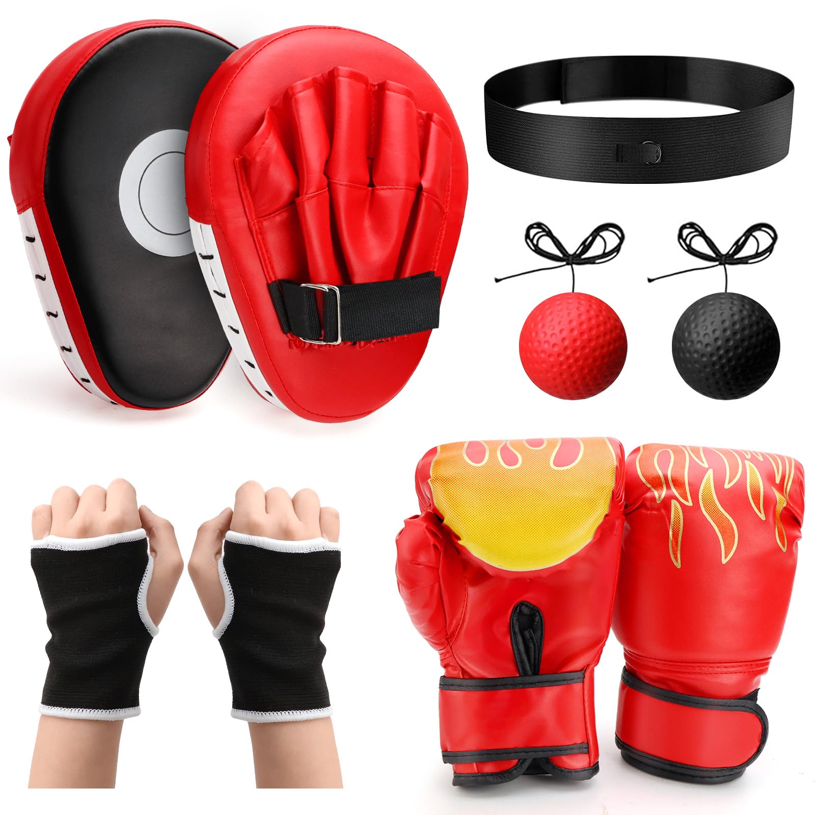 AFAIK 4-in-1 Boxhandschuhe und Pratzen Set Boxen Training Set für Kinder und Jugendliche Boxausrüstung mit Boxhandschuhe Gebogene Handpratzen Reflexball und Handbandagen für Boxtraining MMA, Muay Thai