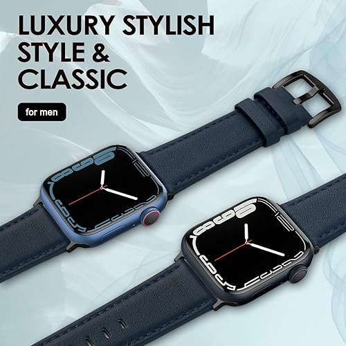 Vista 132 de Correa de cuero compatible con correas de Apple Watch de 1.811 in, 1.772 in, 1.732 in, 1.654 in (Serie 1/2/3) para hombres y mujeres, correa de Azul