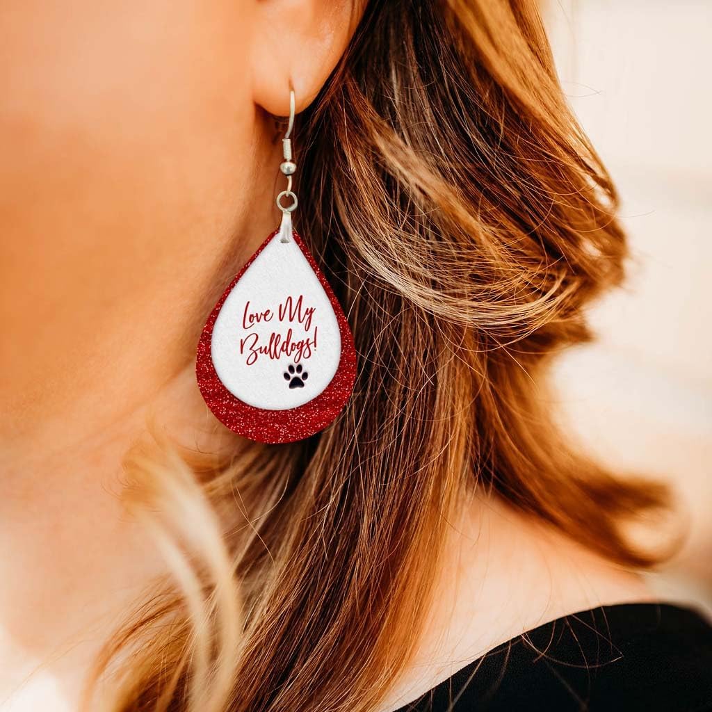 Bulldogs Team School Football Dangle Earrings Teardrop MDF Wood Sports Fan Jewelry for Women Handmade by The Painted Pug