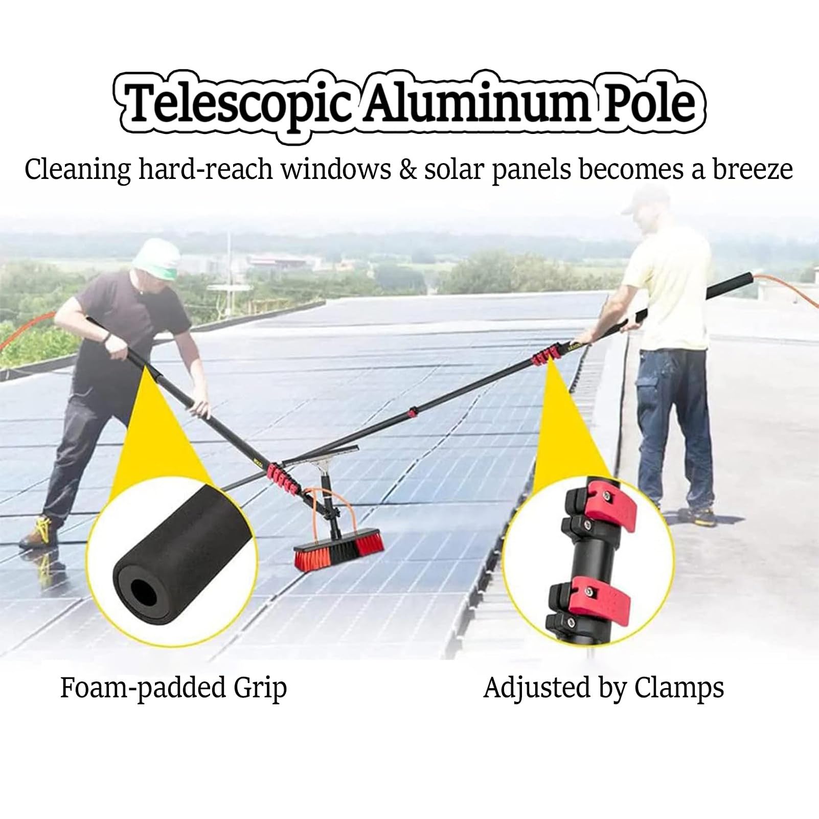 Cepillo de limpieza fotovoltaico, postes de agua para limpieza de ventanas con diseño telescópico para limpiar paneles solares, cabezal de cepillo de 35 cm, se extiende hasta 3,6 m