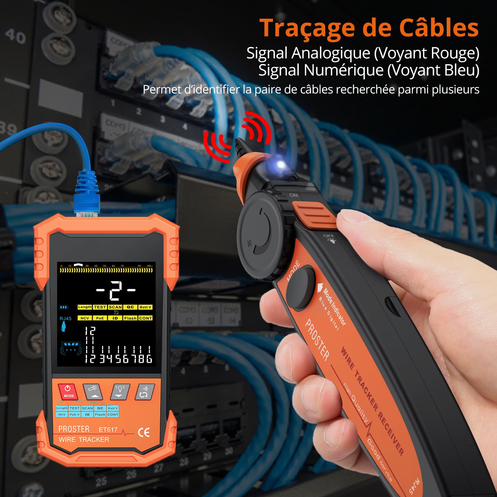 Proster Testeur de Câble Réseau PoE Testeur Numérique et Analogique avec Écran VA Couleur, Mesure de Longueur de Câble et de Tension, Câble RJ45 RJ11, Outil Multifonction pour Installation Réseau