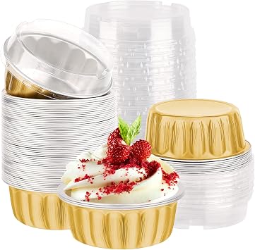 EUSOAR Aluminum Foil Cupcake Baking Cups, Gold 50 Pack 8oz Disposable Aluminium Creme Brulee Ramekins Cupcake Liners, Foil Desert Cake Pans Flan Molds Tin Foil Cups Containers with Lids for Baking