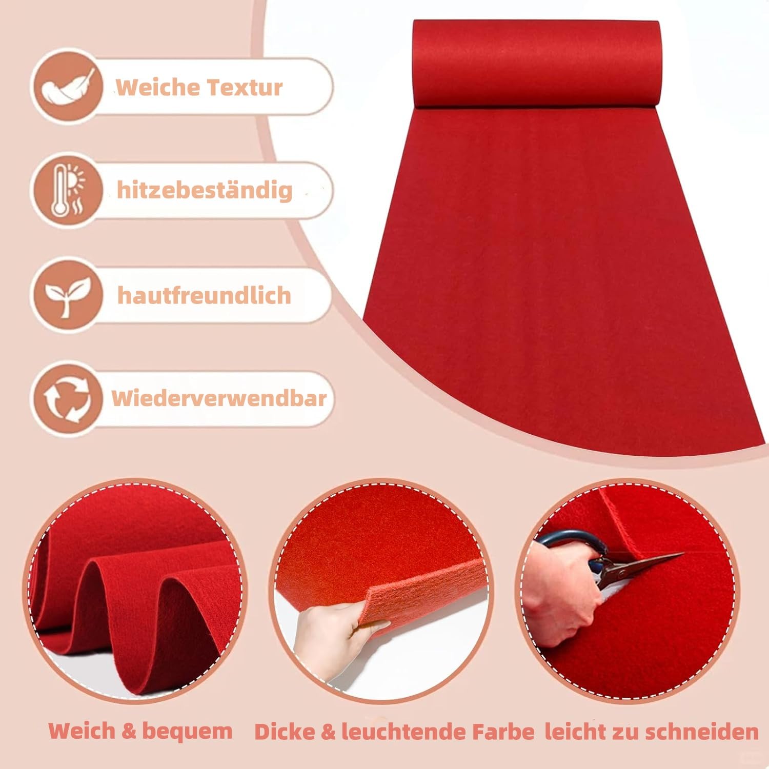 Nisorpa Roter Teppich 1x10M VIP Event Teppich 5.5mm Dick Roter Teppich Läufer 340 g/m² Party Rutschfester Red Carpet