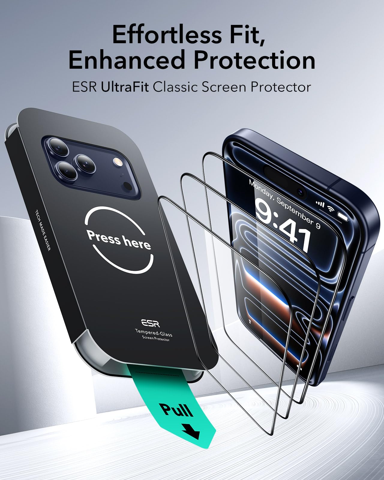ESR Pellicola Vetro Temperato per iPhone 17 Pro Max, Grado militare, Infrangibili, Durezza 9H, Vetro temperato a copertura totale con supporto UltraFit, 3 Pezzi