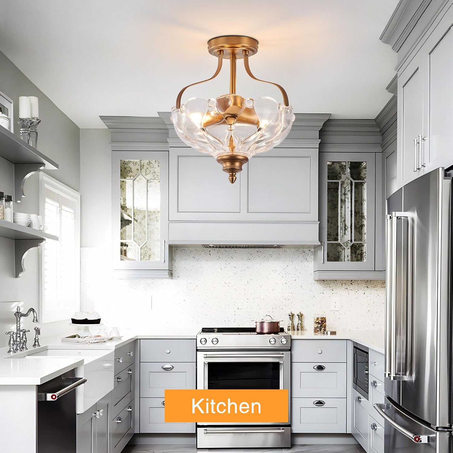 Vintage Semi Flush Mount Ceiling Light, 2-Bulb Brass Glass Close to Ceiling Light, Indoor Hanging Light for Bedroom Kitchen Porch Hallway,Bulbs Not Included