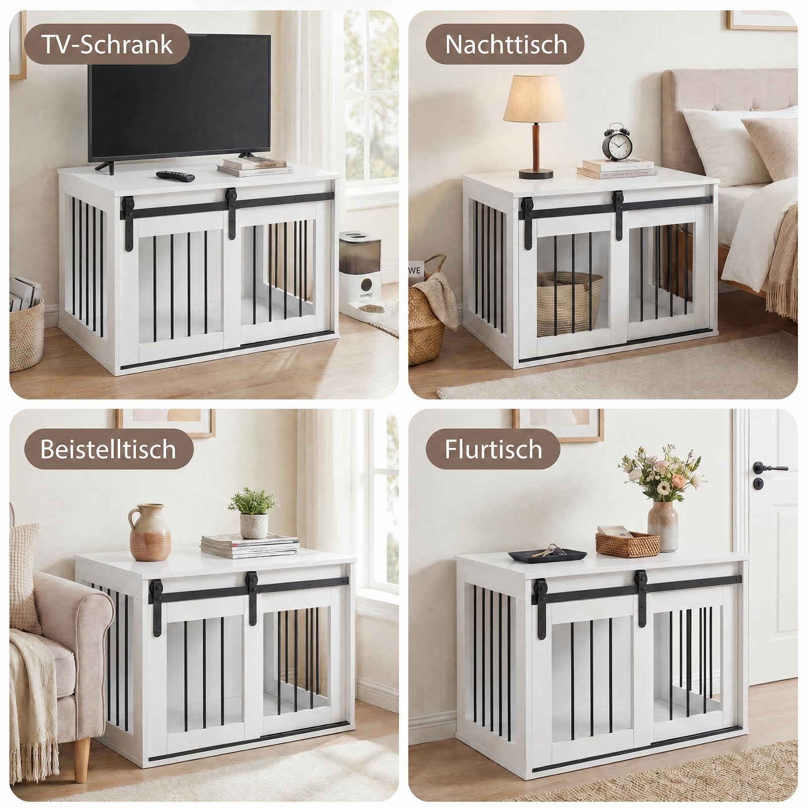 DREAMADE Hundekäfig für Zuhause, Hundebox Holz & Metall (Weiß) | Hundekäfig Möbel mit abschließbarer Schiebetür, Hundeschrank als Beistelltisch für kleine & mittelgroße Hunde, für Wohnzimmer