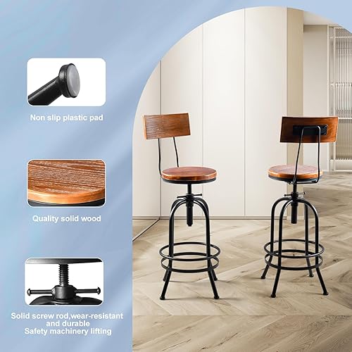 Miniatura 6 de LOKKHAN Taburete de bar industrial de 26 a 32 pulgadas, ajustable, giratorio, de madera, metal, taburete de cocina, rústico, altura de bar, extra