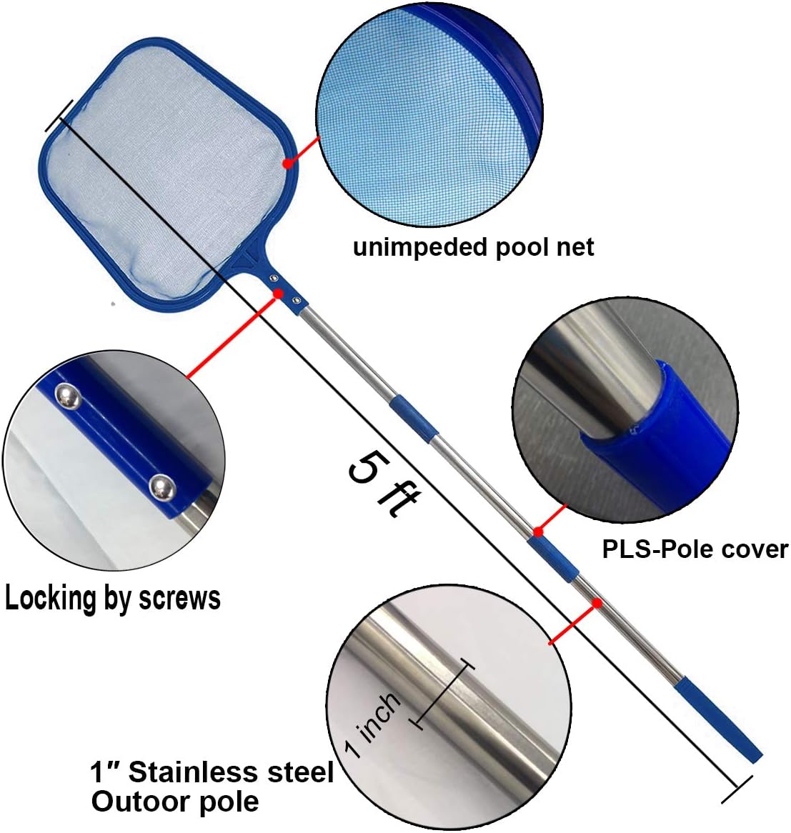 Swimming Pool Leaf Skimmer Net, 5 Ft Fine Mesh Netting with Heavy Duty Connecting Stainless Steel Pole for Fast Cleaning Spas & Ponds Debris