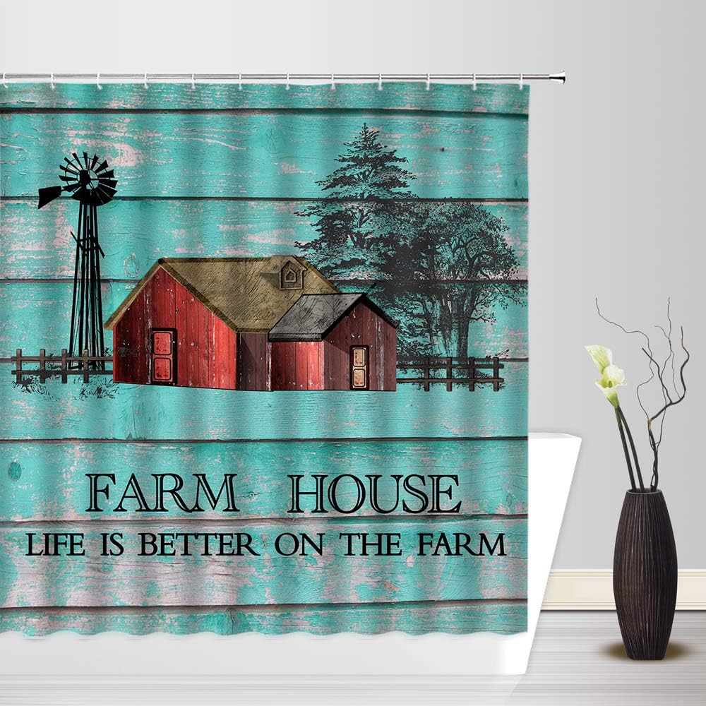 Sunhe Rustic Farmhouse Shower Curtain Vintage Old Farm House Sawyer Mills Windmill Tree Forest Vintage Teal Wooden Board Funny Quote Black Retro Sketch Country Fabric Bath Decor Curtain with Hooks