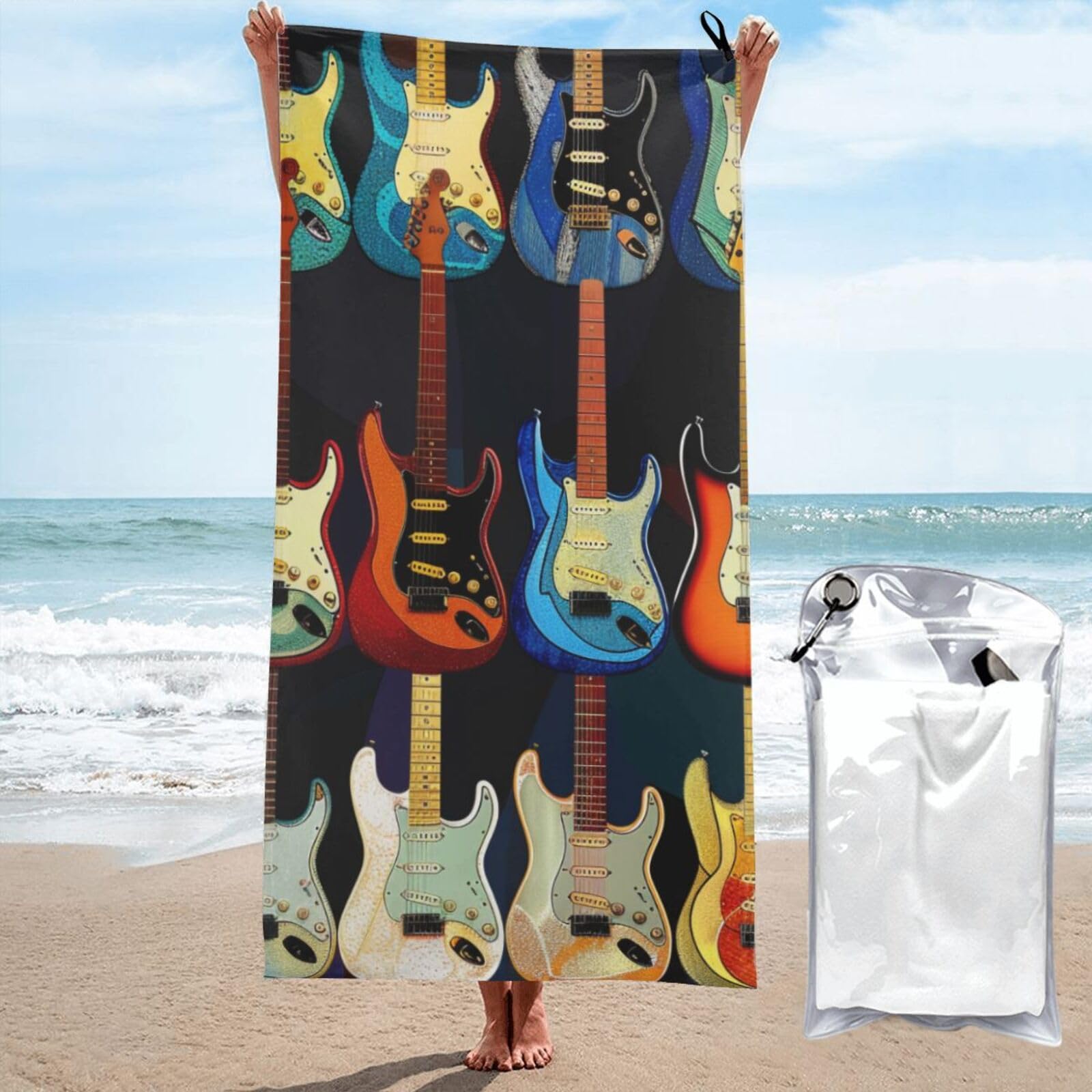 kkvhhyuo Microfiber Beach Towel, Art Guitar Pattern Printed Lightweight Quick Dry Travel Bath Sheet with Compact Carry Bag for Swimming Yoga Camping Gym,27.5"x55"