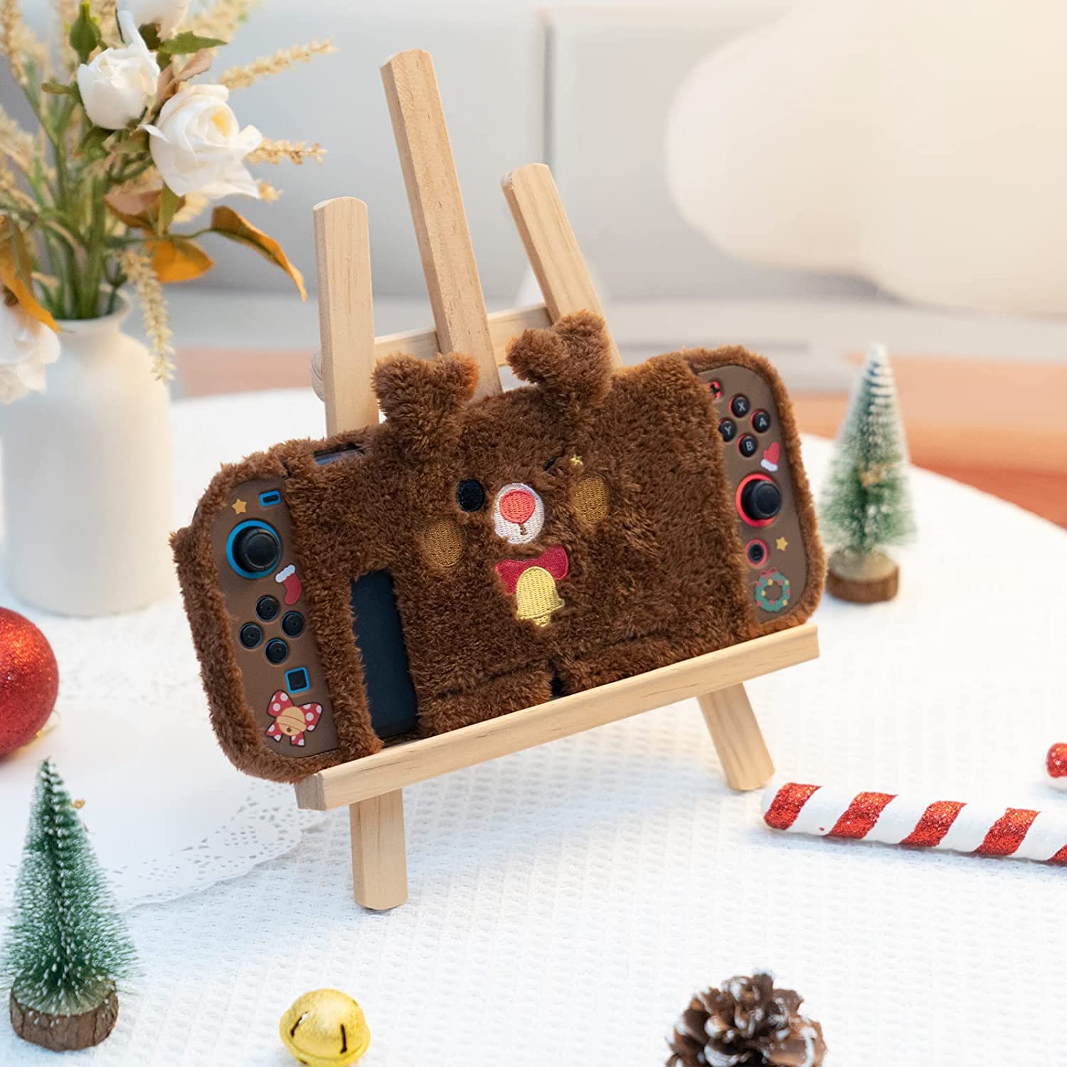 GeekShare Coque de Protection en Peluche Mignonne Compatible avec Switch et Joy Con - Absorption des Chocs et Anti-Rayures - Thème Noël