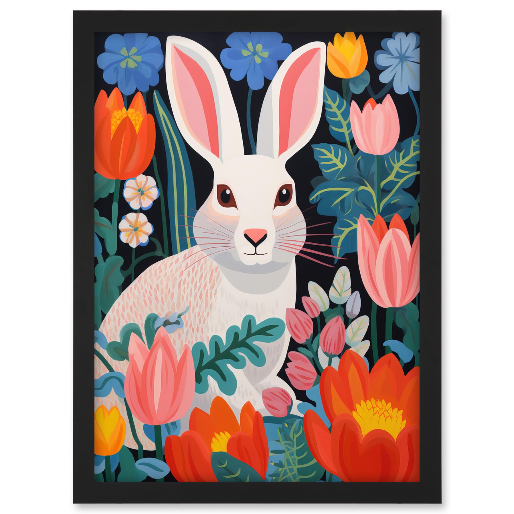 Artery8 Bunny Rabbit in Colourful Bold Vibrant Flowers Kids Bedroom Floral Artwork Garden Spring Blooms Artwork Framed A3 Wall Art Print