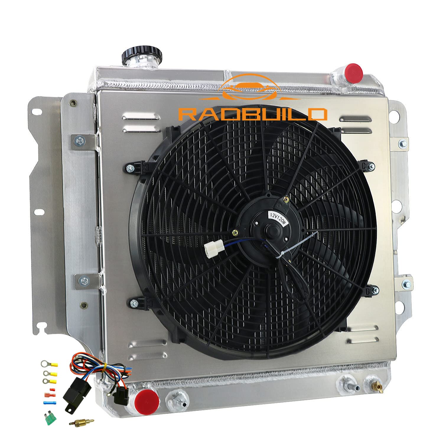 CU2101 3 Row All Aluminum Radiator for 1987-2006 2000 Jeep TJ YJ Wrangler 2.4 2.5L L4 GAS/4.0 4.2L L6 GAS Radiators Shroud Fan Relay Kit 1988 89 90 91 92 93 94 95 96 97 98 99 01 02 03 04 05
