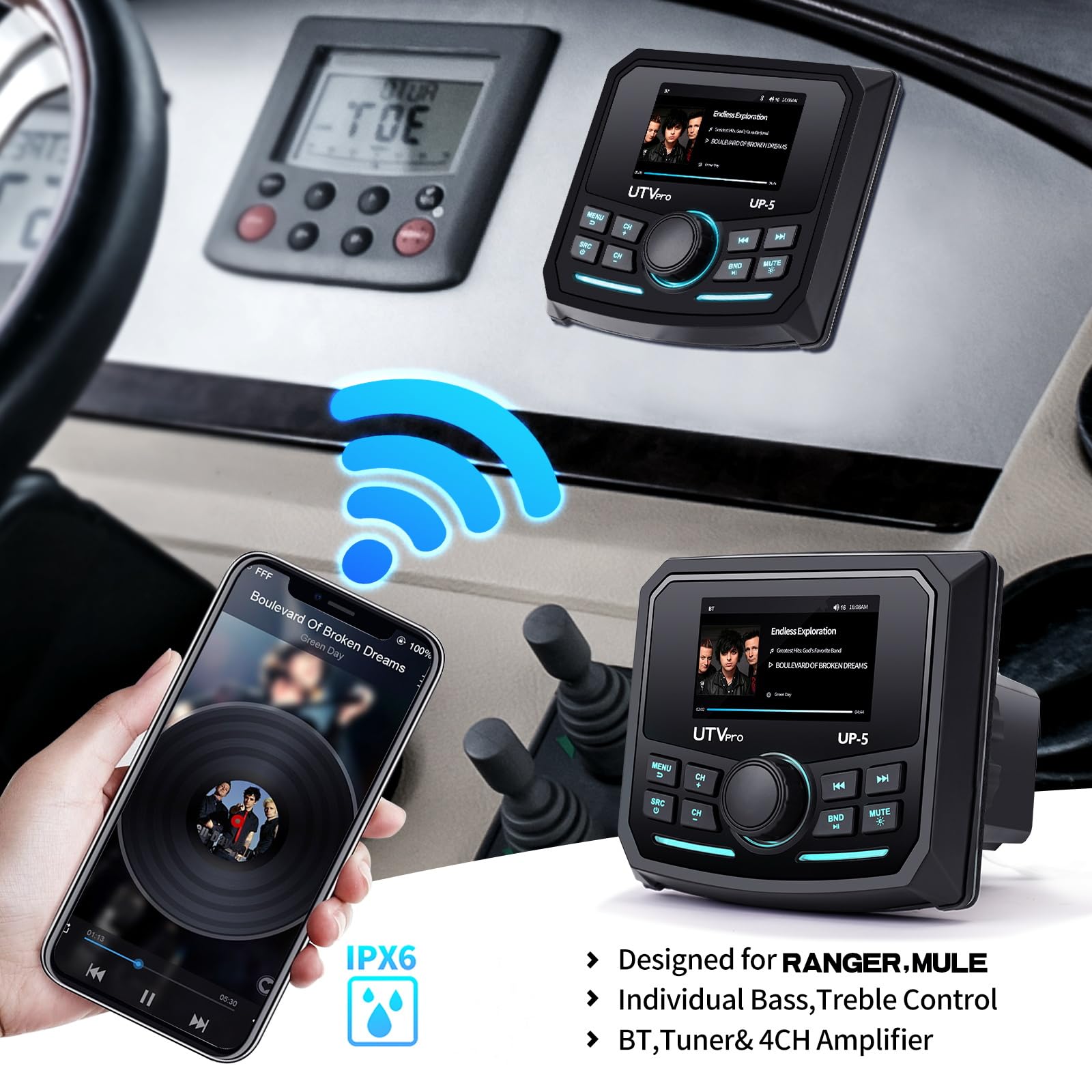 Powersport Stereo – Premium Powersport Audio with Colorful LED Backlight - 4 x 45W for Boat, ATV, UTV, Spa – AM/FM Radio, Rear View Camera Compatible