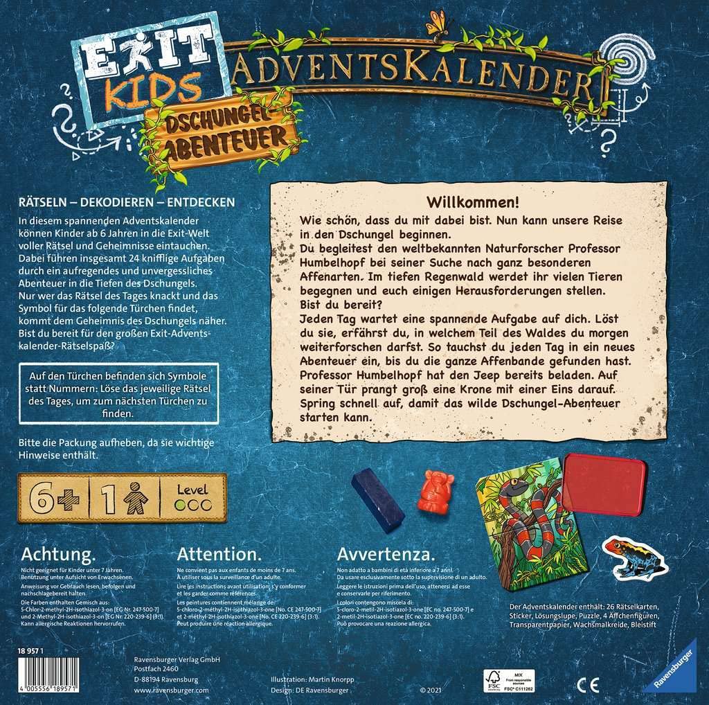 Ravensburger 18957 - Calendario de Adviento para niños, Aventura en la Selva, 24 Puzzles para entusiastas de la Salida a Partir de 6 años
