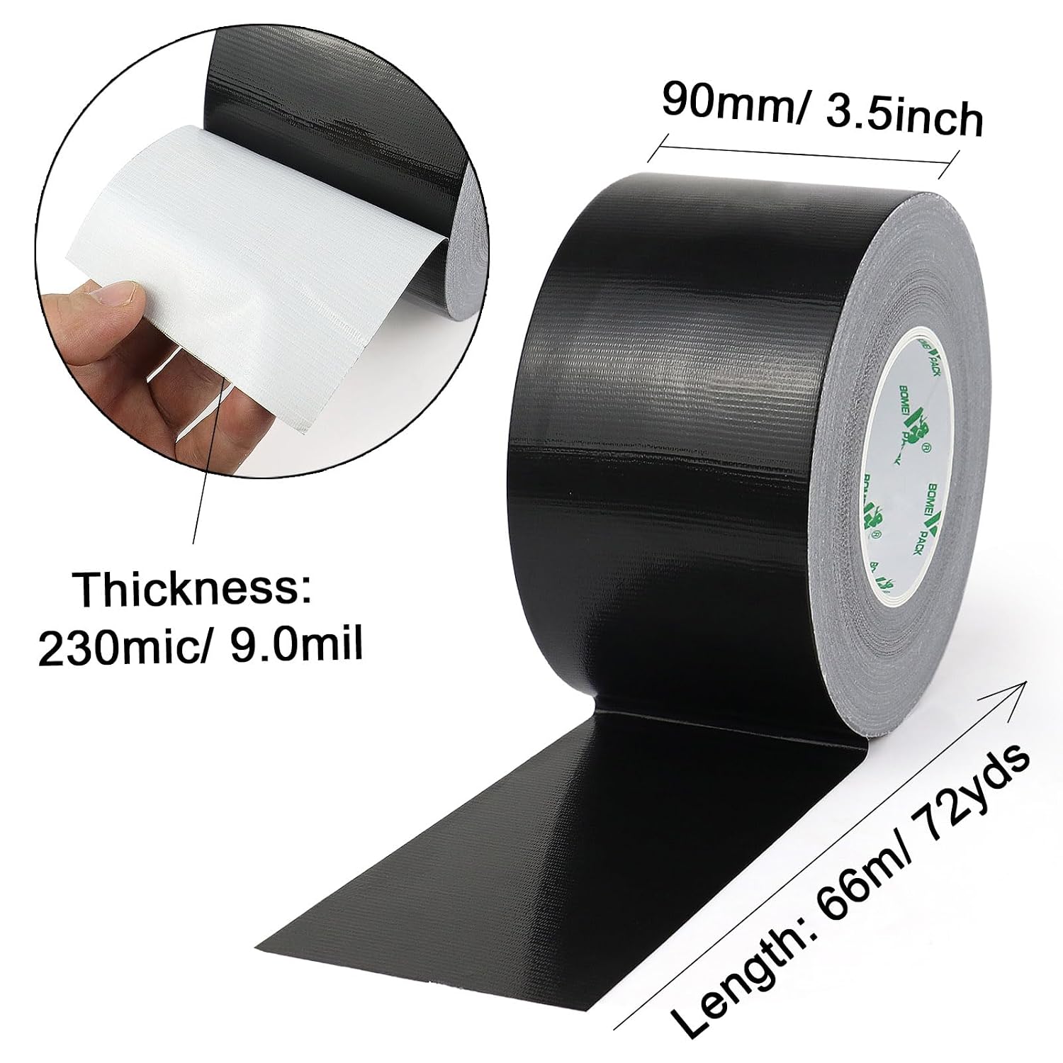 BOMEI PACK Black Sticky Duct Tape Heavy Duty Strong Industrial Color Duct Tape 3.6inch x 72yds for Packing and Repairing 1Pack
