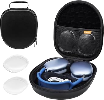 Case for AirPods Max with Sleep Mode, Magnetic Auto Sleep/Wake, Hard Shell | Travel Carry Case with Ear Pad Covers, Charger Box & Mesh Pocket, Fits with/without for Apple Cover, Black