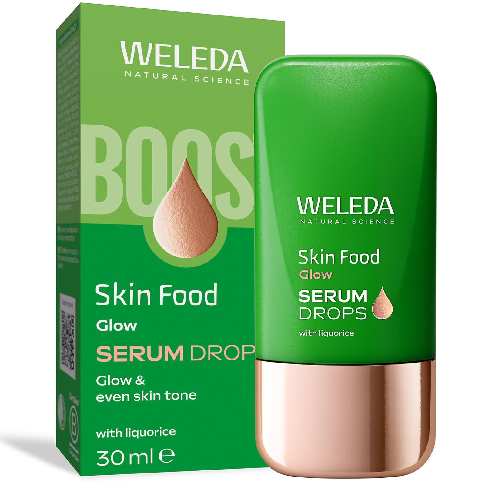 WELEDA Bio Skin Food Glow Serum Drops – Naturkosmetik Booster Drops mit Süßholz & lichtreflektierenden Pigmenten für strahlenden Teint & gegen Pigmentflecken (vegan, 30ml)