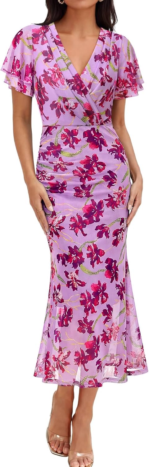 Gaharu Women's Summer Floral Bodycon Maxi Dress 2026 Ruched Mesh Ruffle Sleeve Spring Wedding Guest Cocktail Party Dresses