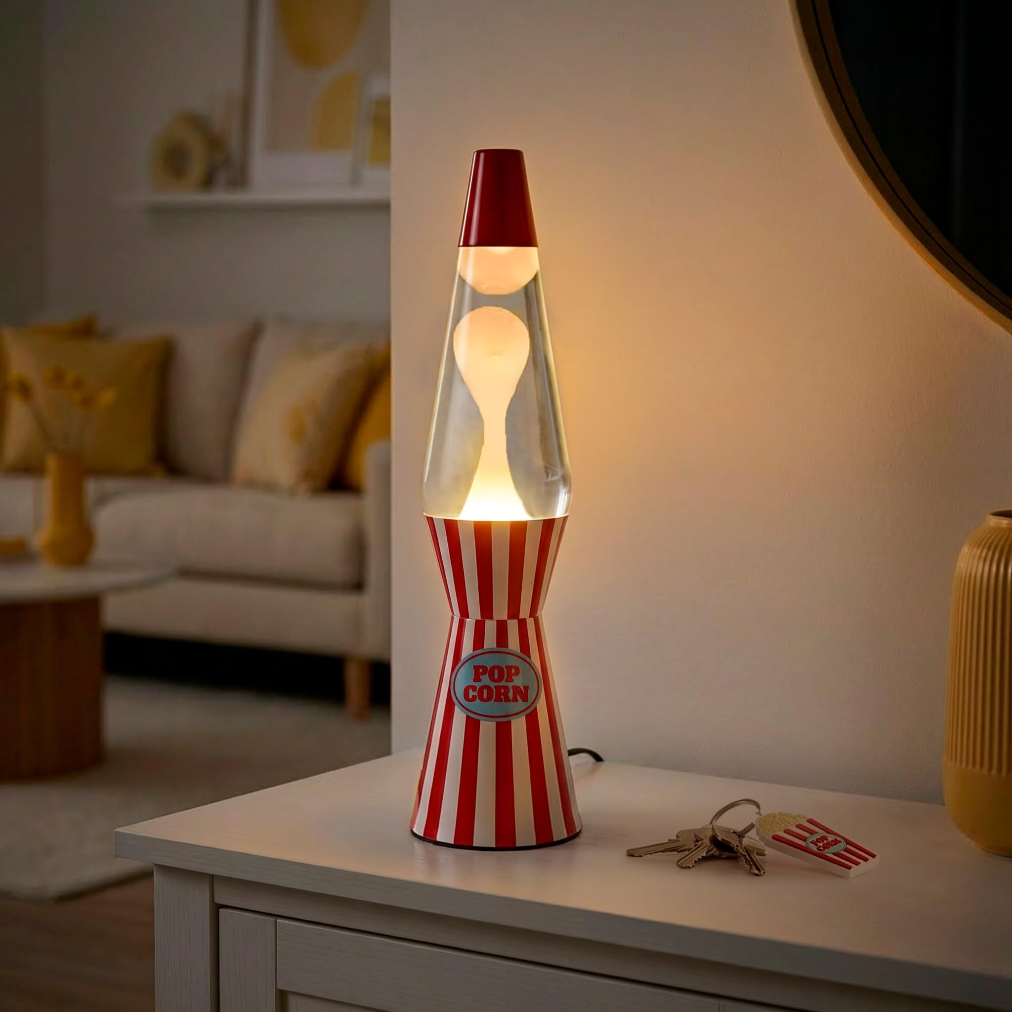 Fisura – Lampe à lave décorative “Pop corn”. Lampe relaxante au design original pour maison ou bureau, base à rayures et lave blanche, ampoule de rechange incluse, 11 x 11 x 40 cm