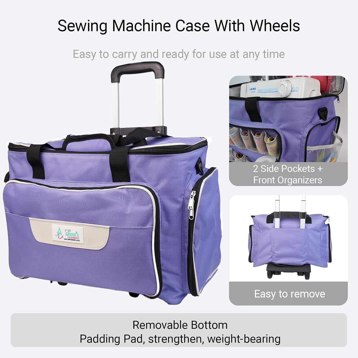 Athena's Rolling Sewing Machine Case with 4 Wheels, Sewing Machine Carrying Case, Black with Purple Trim, Detachable Rolling Dolly, Multiple Storage Compartments, Standard Size (Mist Purple)