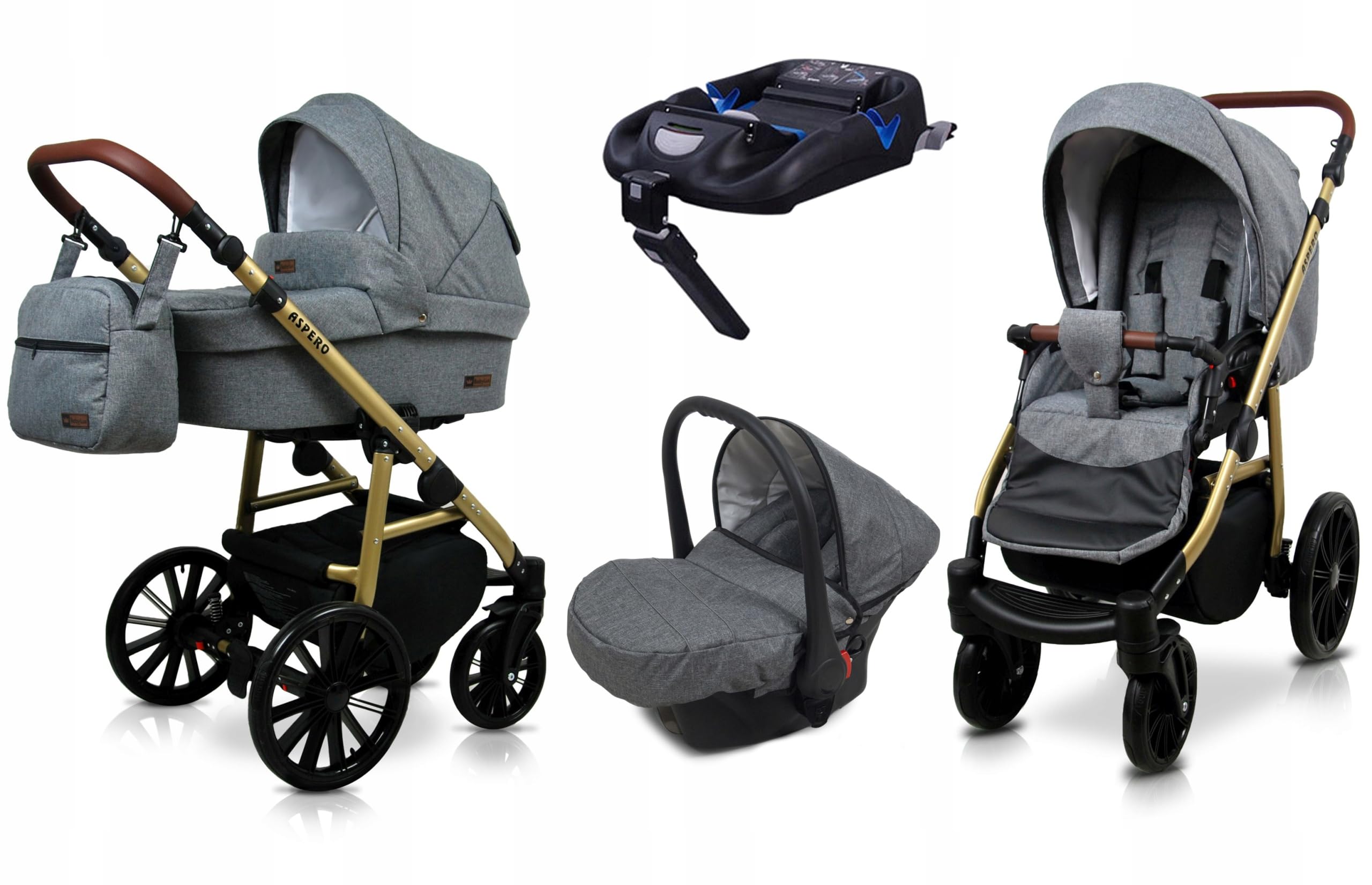 BabyLux® Wózek dziecięcy kompletny zestaw 4 w 1 - Aspero - w tym gondola dla niemowląt, wędka, fotelik samochodowy, podstawa ISOFIX - system kombinowany dla niemowląt, z torbą do przewijania itp.