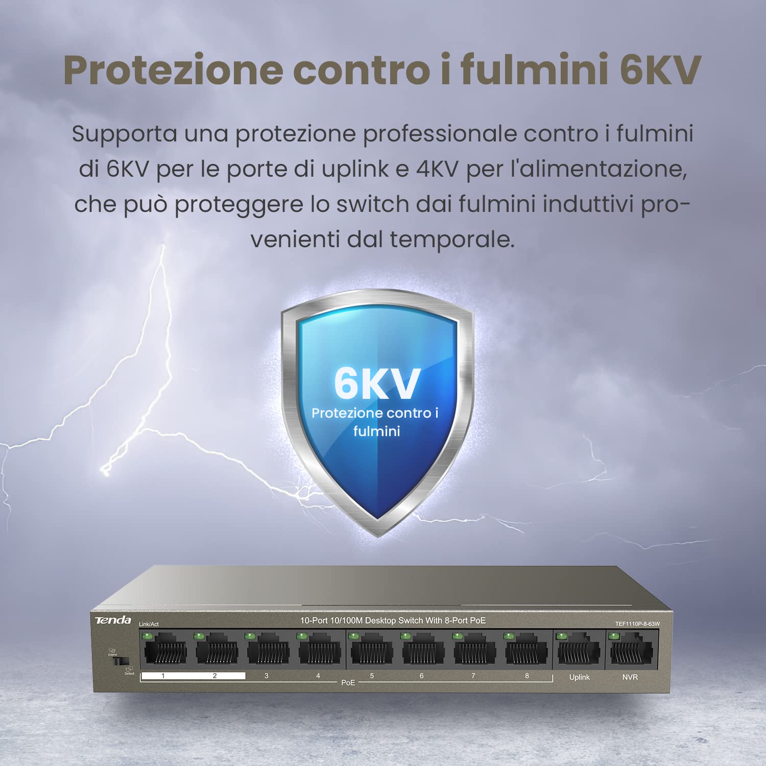 Tenda PoE Switch Ethernet 10 Porte 10/100 Mbps, QoS, One-key VLAN, 8 Porte PoE, 2 Porte (Uplink&NVR), IEEE 802.3af/at ,63W, Nessuna Configurazione Richiesta, Cassa in Metallo TEF1110P-8-63W