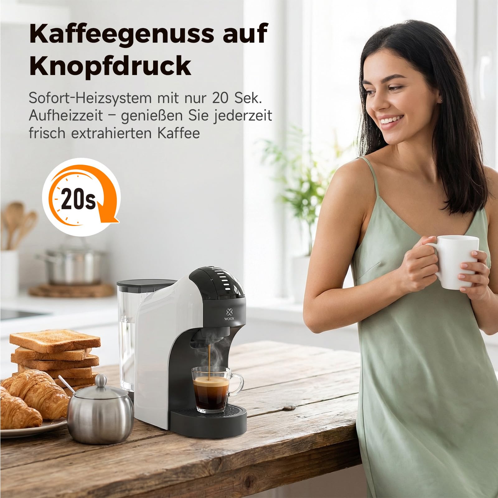 WOOX Kapselmaschine 3-in-1, 20 Bar, 1400W, Kompakte Kaffeemaschine für Nespresso, Dolce Gusto, K-fee und Kaffeepulver, 850ml Wassertank, Abschaltautomatik