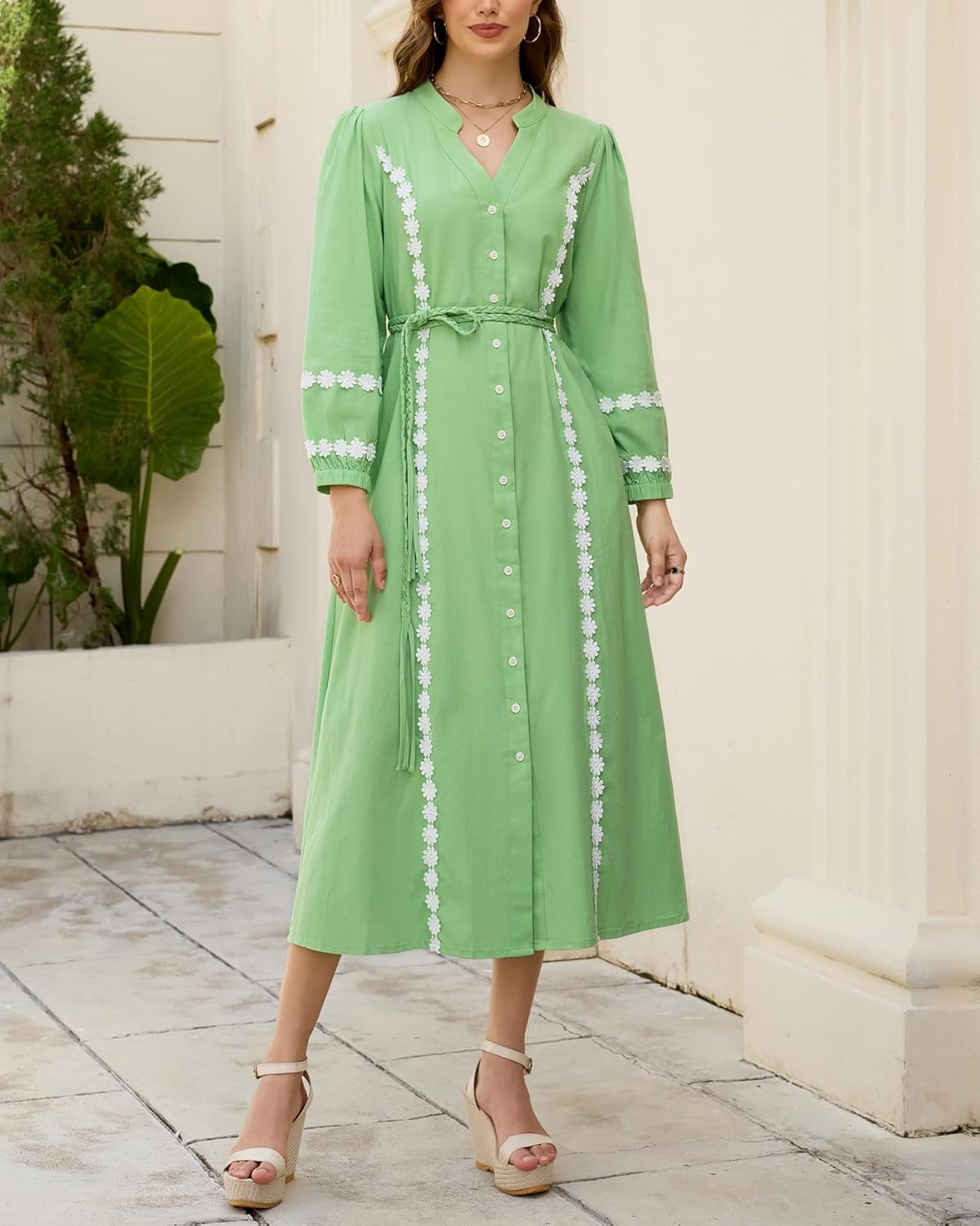 Women Button Down Maxi Dresses V Neck 3/4 Sleeve Lace Trim Kaftan Dress Fall Belted Long Shirt Dresses - Image 3