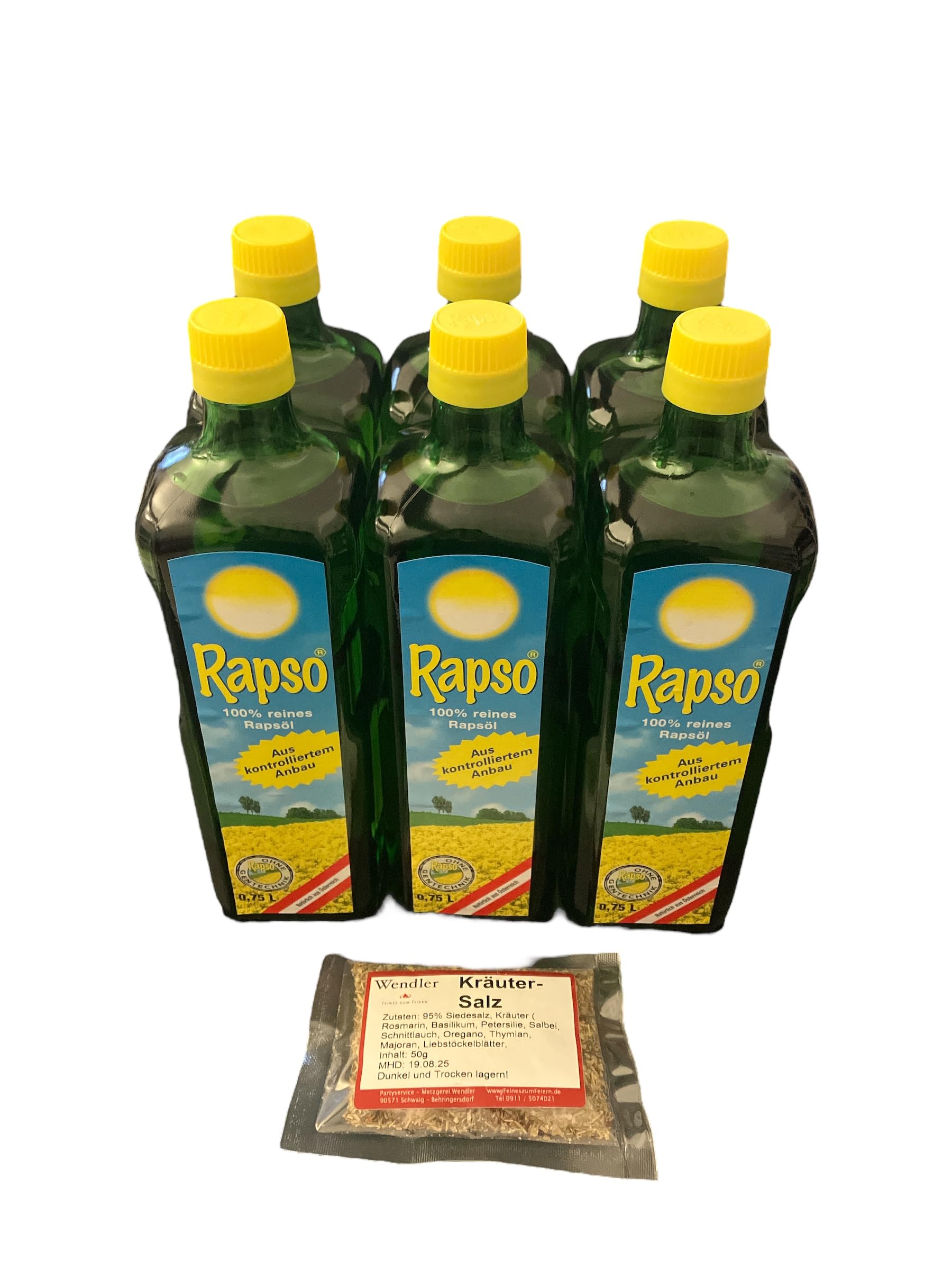 Rapso 100% reines Rapsöl 750 ml, 6er Pack (6 x 750 ml = 4,5 Liter) und 50g Wendlers Kräutersalz