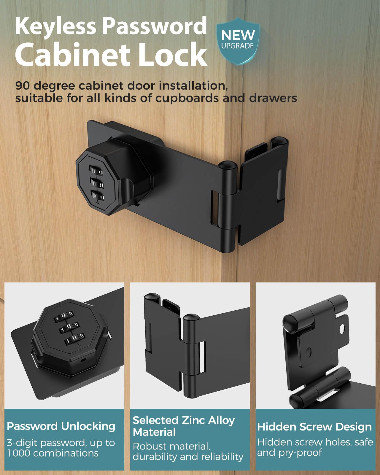 MeBantoo 90 Degree Cabinet Combination Door Lock Latch, Zinc Alloy Password Rotary Hasp Lock - Image 2
