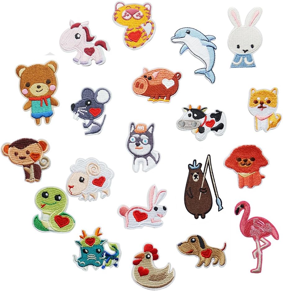 20pcs Embroidered Animal Patches Dog/Flamingos/Rabbit Appliques for Clothing Iron on or Sew on Patches Motif Applique