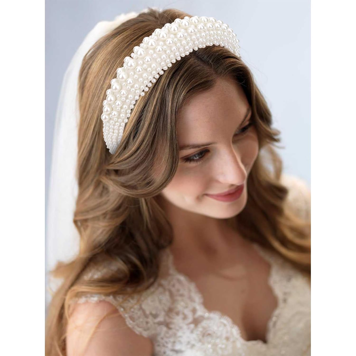 YISSION 1PC White Pearl Headband for Women Non Slip Jeweled Head Band Sparkly Beaded Hairband Fashion Padded Headbands for Women Wedding Bridal Headband Hair Accessories for Women Girls - Image 3