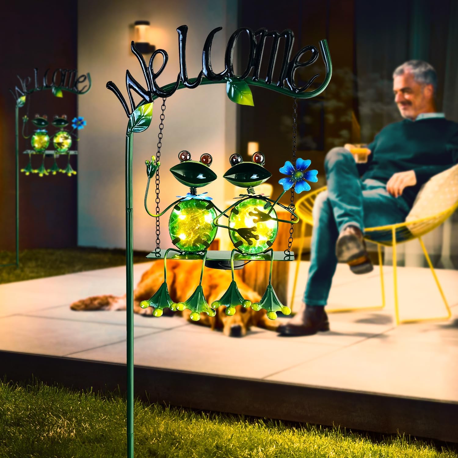 HONGLAND Solar Lights Outdoor Decor, Gnomes Swing & Frog Swing Garden Decor, Funny Gifts for Women Mom