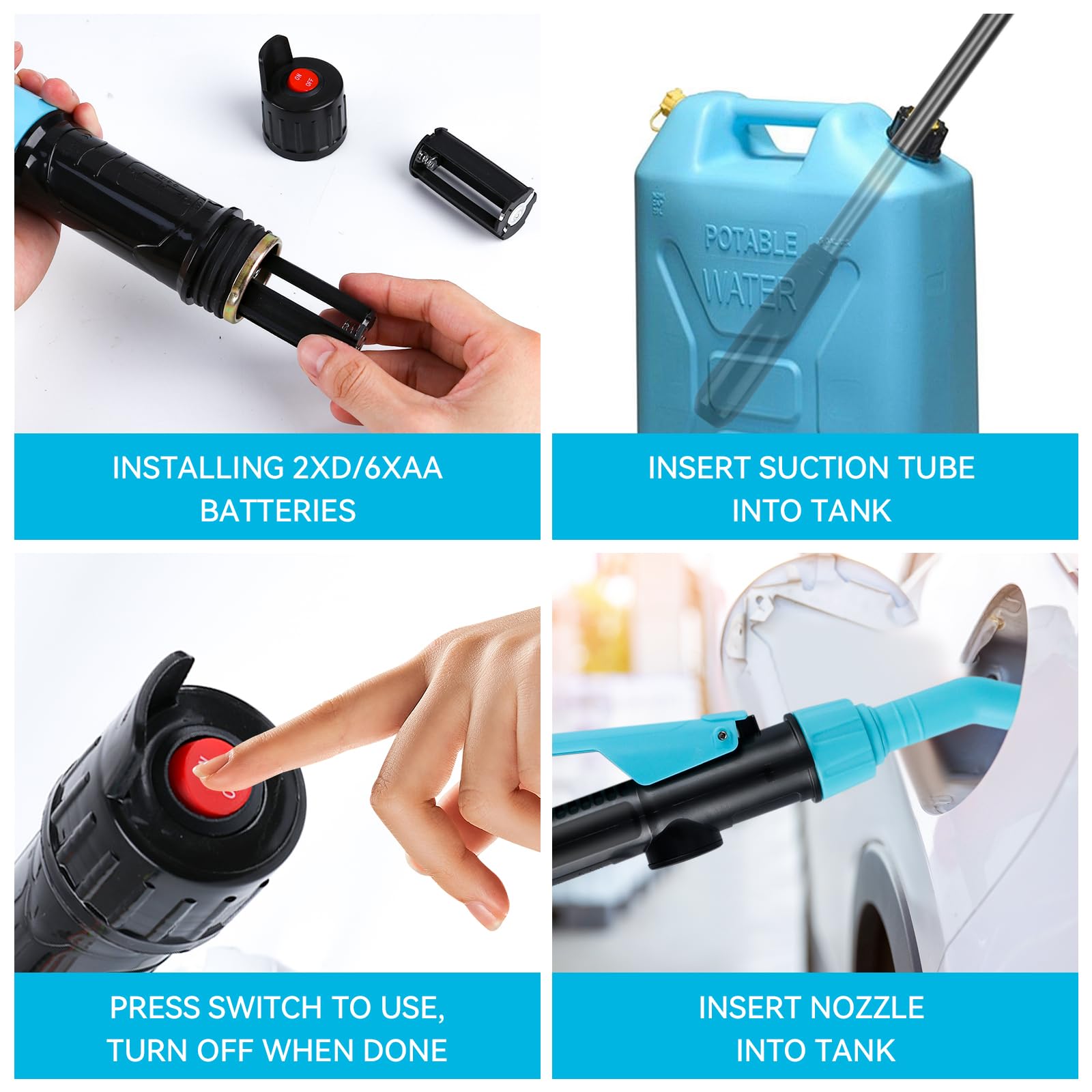 Pompa elettrica di trasferimento a batteria, 9 L/min (2.4 GPM) Pompa per carburante per benzina e diesel, Pompa a sifone portatile con tubo e regolazione del flusso, Pompa di trasferimento liquidi