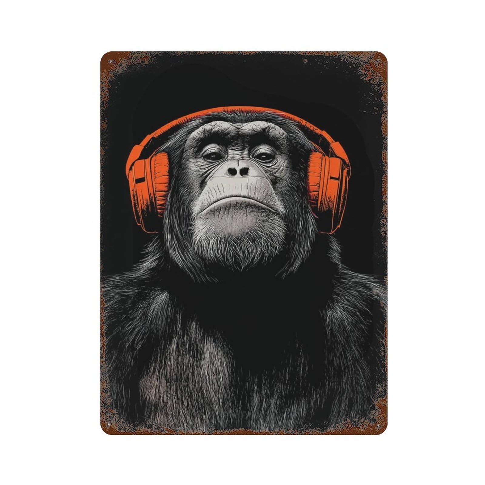 Rust Effect Chimpanzee with Headphones Music Art Print Rustic Tin Plaque 15.7"x11.8", Industrial Home Decor for Bistro, Counter And Cafe Decor