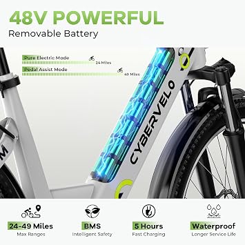 Cybervelo 750W Peak Electric Bike for Adults,up 80 Miles Removable Battery Ebike, 26 Electric E Bike with 7-Speed,Adult Electric Bicycles for Commute Beach Snow Womens/Man All Terrain