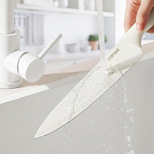 Miniatura 7 de CAROTE Juego de 15 piezas de cuchillos, juego de bloque de cuchillos de cocina, elegantes cuchillas con revestimiento cerámico blanco con elegante
