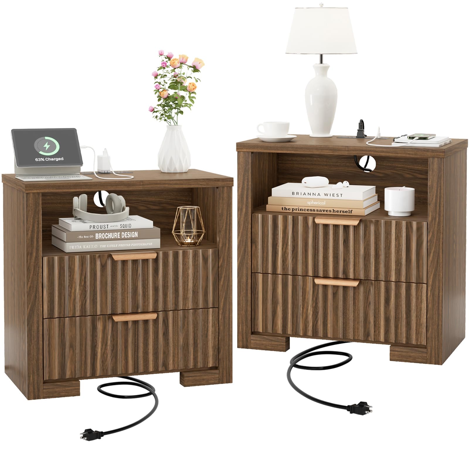 24 Fluted Night Stand Set of 2 with Charging Station Wooden End Table with 2 Drawers and Storage