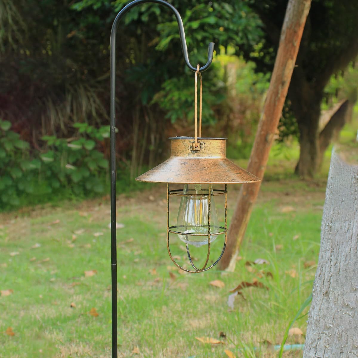 Solarlaternen, Hängeleuchten für den Außenbereich, Metall mit Schäferhaken, warmweiß, Edison-Glühbirnen-Design für Garten, Hof, Terrasse, Veranda, Dekoration (Kupfer) (Kupfer), 2 Stück