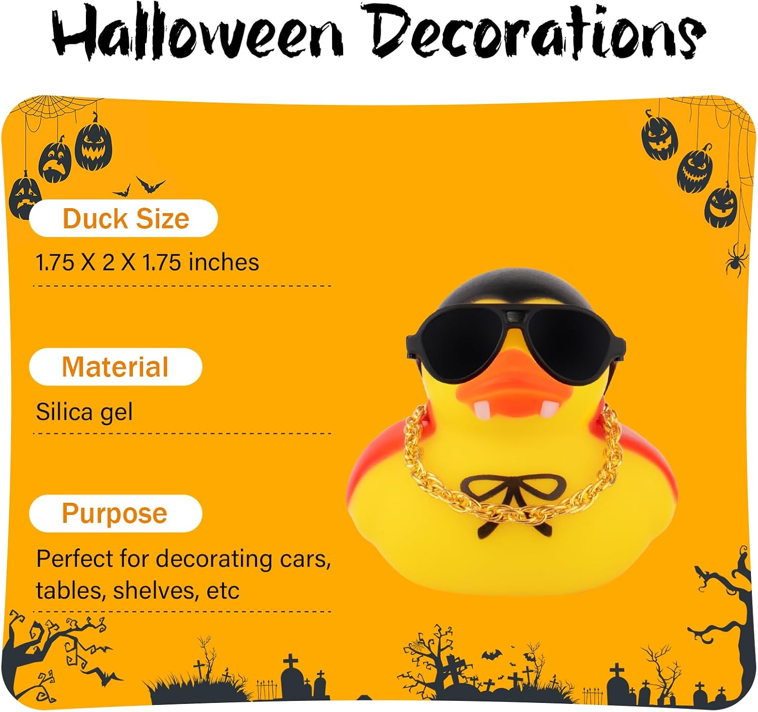 wonuu Car Dashboard Rubber Ducks for Halloween, Decorations Duck for Office Desk Ornament Accessories with Glasses Necklace, for Halloween Party Gifts (Vampire)