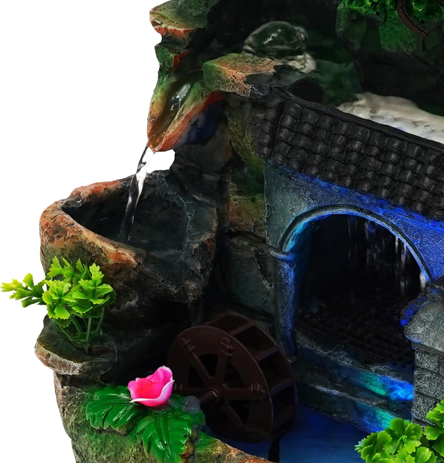 Desktop Waterfall Fountain, LED Small Rockery Flowing Water Tabletop Decoration Waterfall Lamp Lights Indoor Hand-Carved Resin Rockery Ornament Desk Decor with Pump for Home Office Bedroom