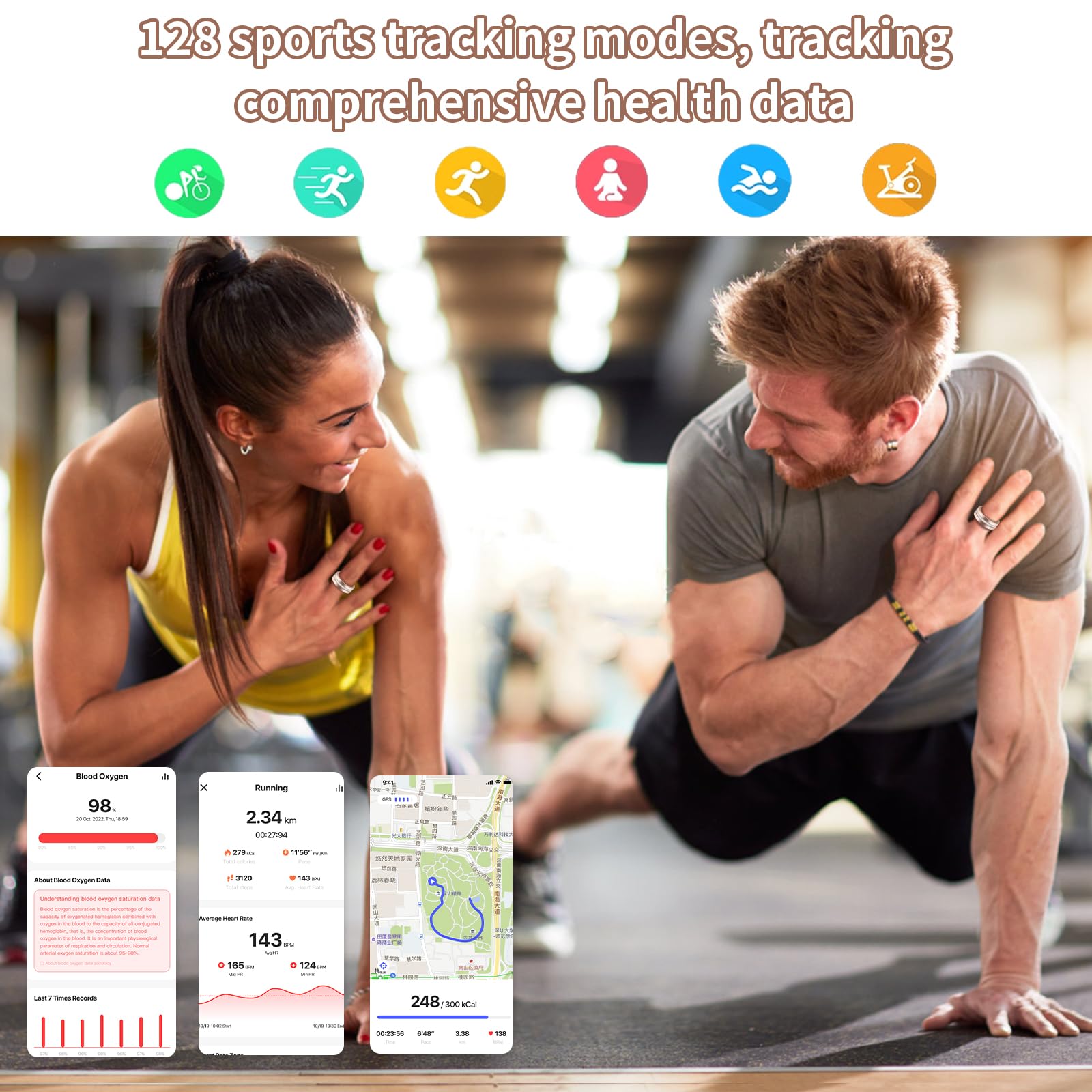 Anillo inteligente para mujeres y hombres, rastreador de salud y fitness con frecuencia cardíaca, oxígeno en sangre, monitoreo del sueño, 128 modos deportivos, IP68 impermeable, control de