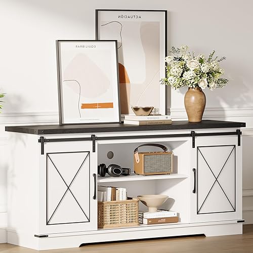 IDEALHOUSE Soporte de TV de granja centro de entretenimiento para consola multimedia de TV de 65 pulgadas, puertas de granero grises con