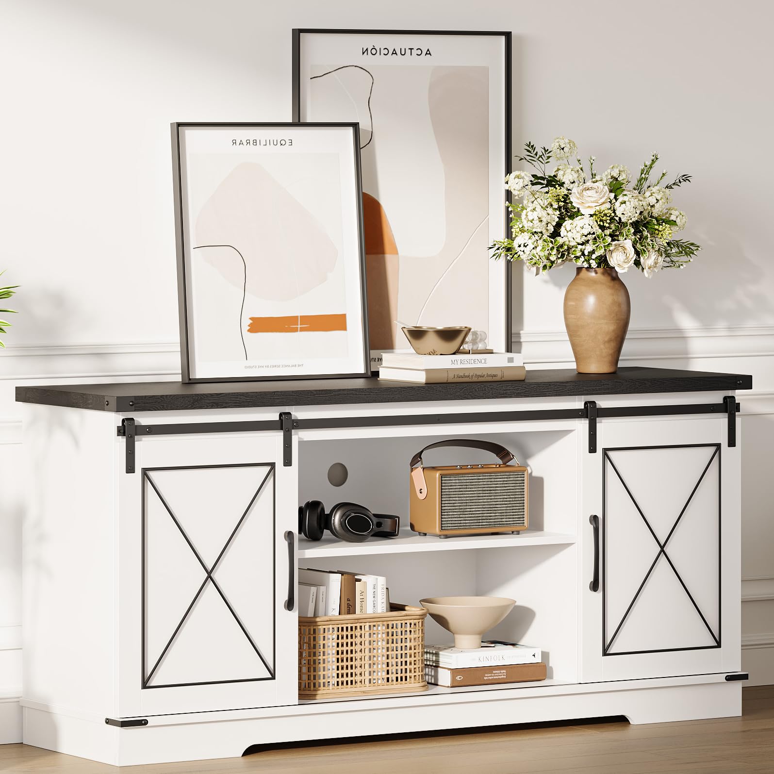 IDEALHOUSE Farmhouse TV Stand and Entertainment Center for Tv up to 65 inches with Sliding Barn Doors and Adjustable Shelf, Tv Media Console Table with Storage Cabinet for Living Room, White & Black