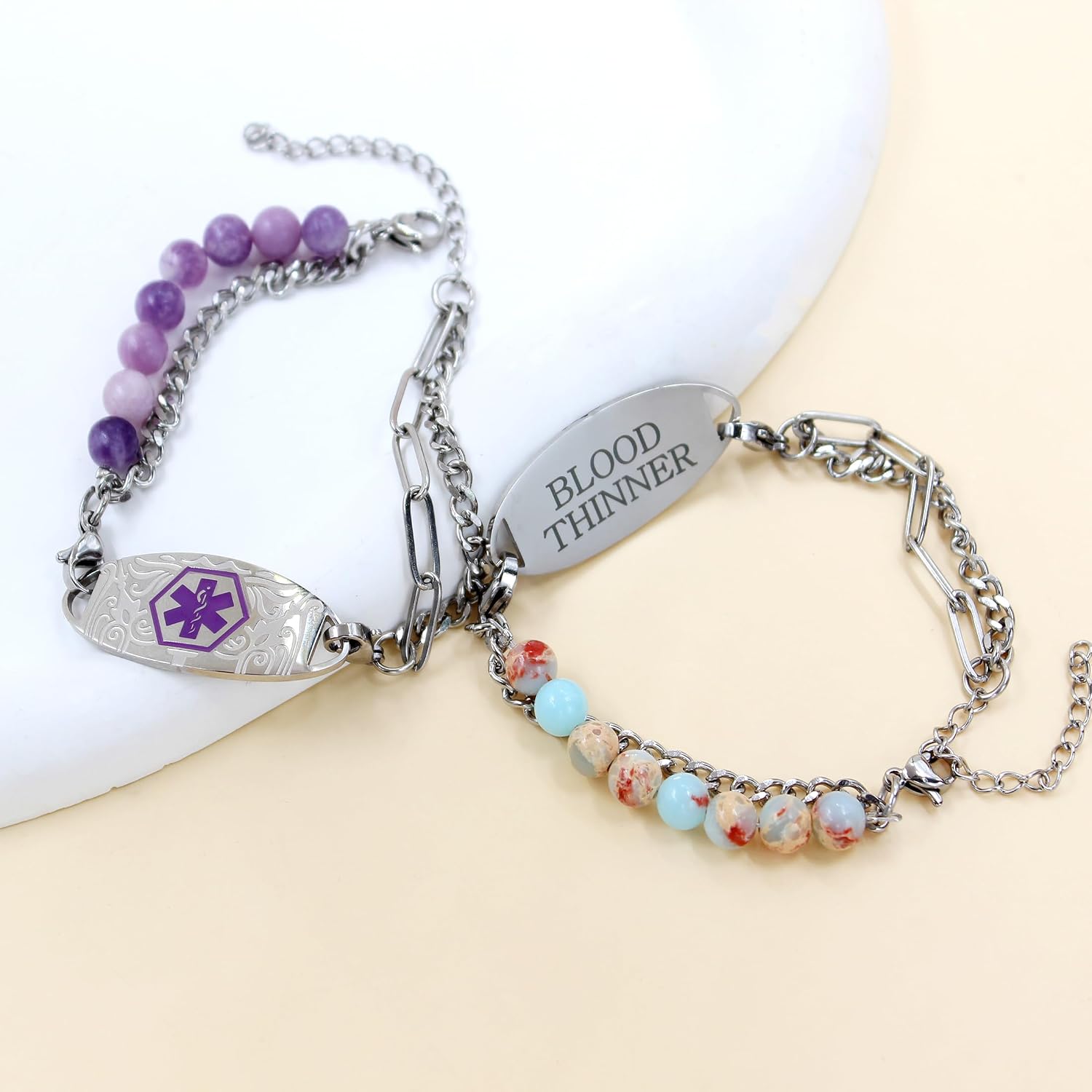 Waterproof Medical Alert Bracelet, Adjustable Stone Beaded with Stainless Steel Tag Diabetic Jewelry Eliquis Alert Bracelets for Women YA5493