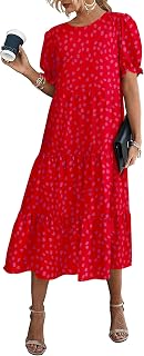Summer Dresses for Women 2025 Casual Floral Boho Midi Sun Dress Puff Short Sleeve Flowy Beach Vacation Sundress